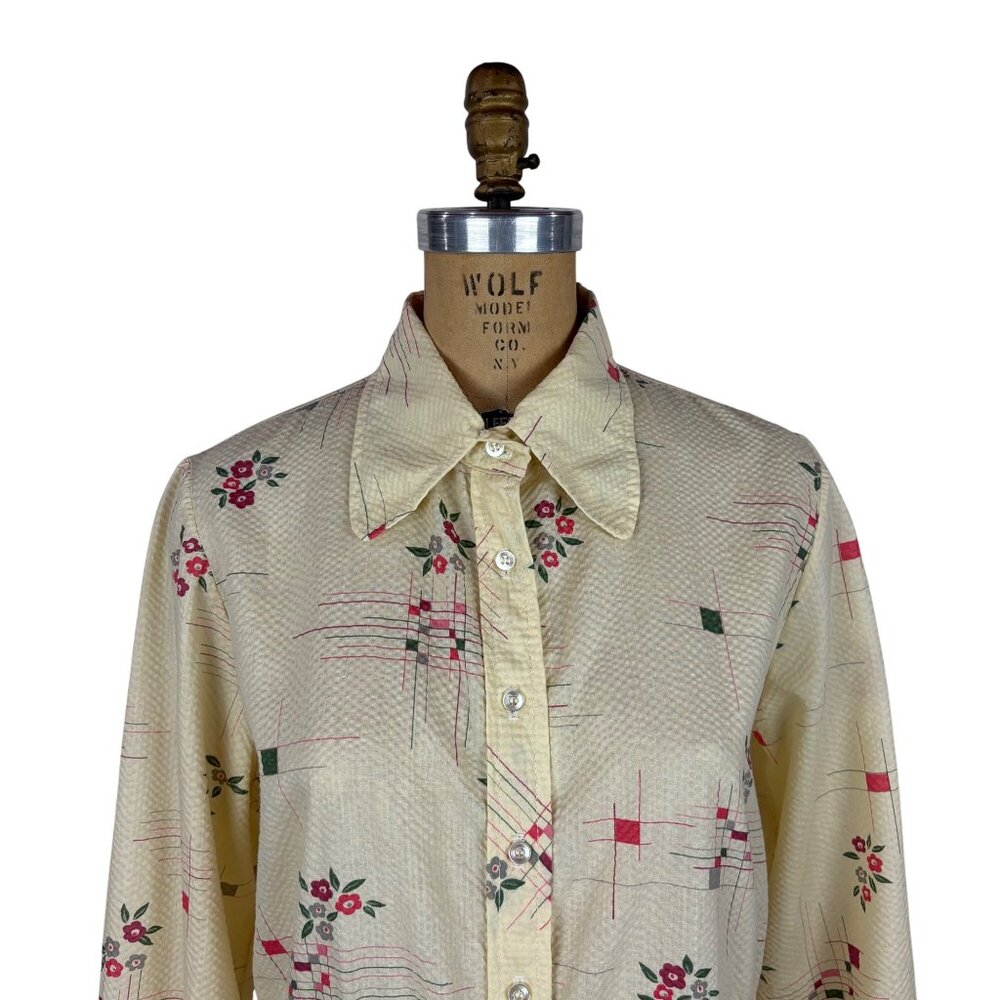 Vintage 70s Floral Shirt Womens Large Geometric Textured Long Sleeve Top - Picture 4 of 10